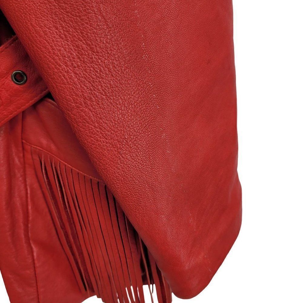Vintage Leather Fringed Jacket Coat L Red Oversized Belted Rodeo Cowgirl Boho - Picture 9 of 16